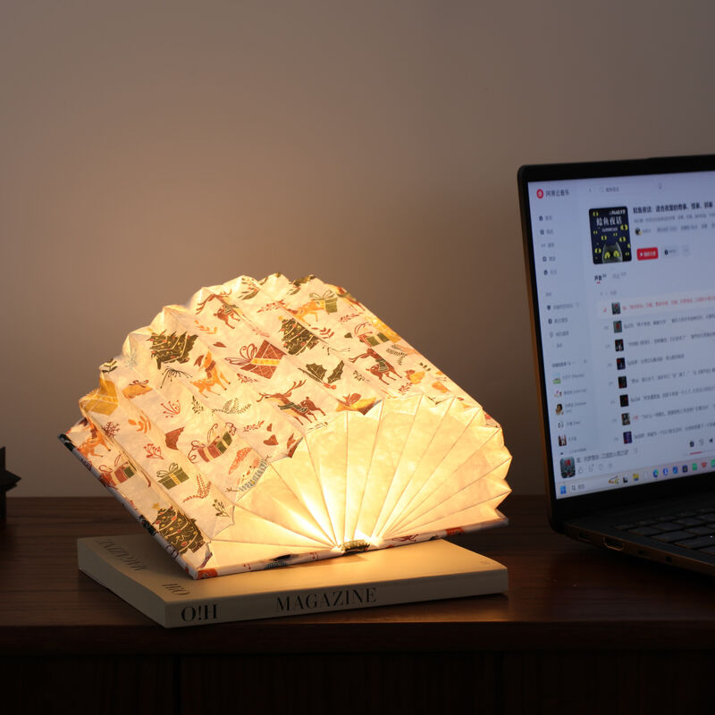 Lampada da lettura a forma di libro in carta di legno con decorazioni natalizie, ricarica USB