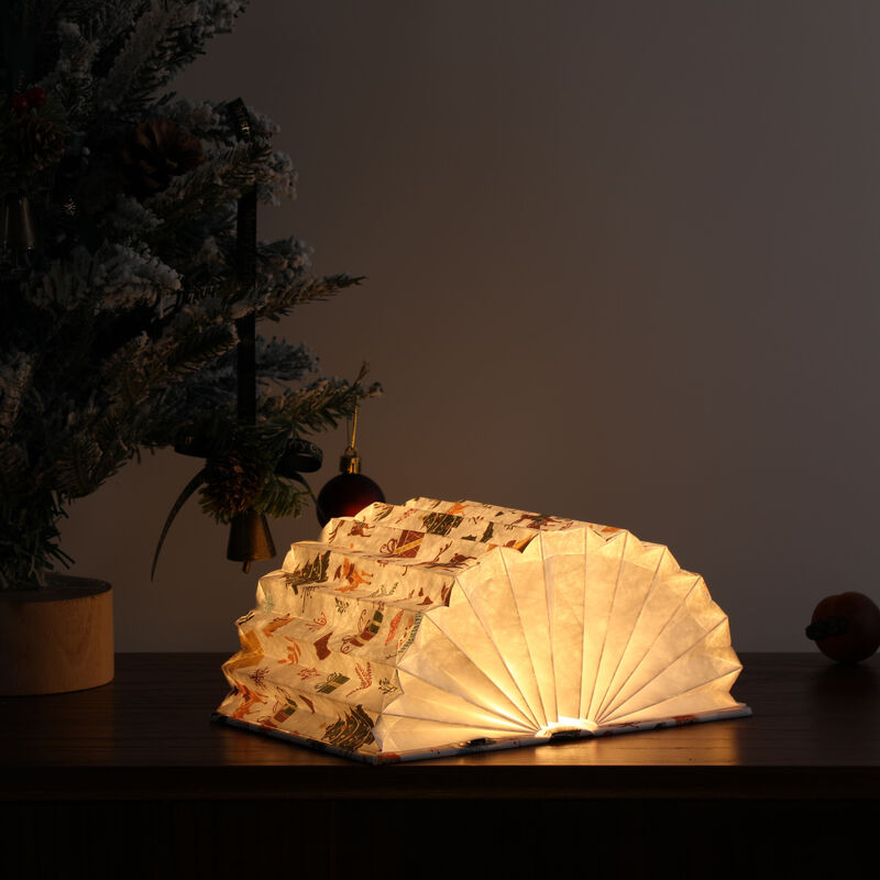 Lampada da lettura a forma di libro in carta di legno con decorazioni natalizie, ricarica USB